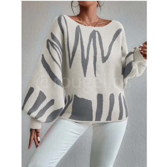 Knit Graphic Pullover Sweater Dirty Beige Grey Bishop Sleeve - Picture 4 of 10